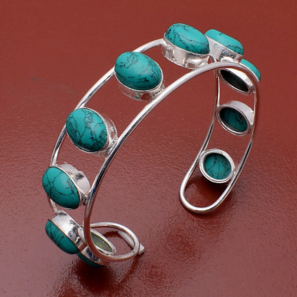Turquoise 10 Gemstone Cuff Bangle Wholesale Lot 925 Sterling Silver Plated Handmade Jewelry, Girl's And Boy's Beautiful Adjustable Bangle