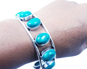 Turquoise 10 Gemstone Cuff Bangle Wholesale Lot 925 Sterling Silver Plated Jewelry Handmade Jewelry, Girl's Loving Adjustable Bangle