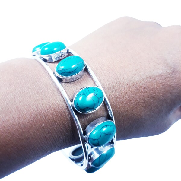 Turquoise 10 Gemstone Cuff Bangle Wholesale Lot 925 Sterling Silver Plated Jewelry Handmade Jewelry, Girl's Loving Adjustable Bangle