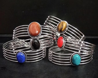 Wholesale Mix Color Antique Gemstone Cuff Bangle 925 Sterling Silver Plated Cuff Bangle Handmade Jewelry, Girl's And Boy's Adjustable Bangle