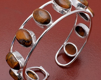 Tiger Eye 10 Gemstone Cuff Bangle Wholesale Lot 925 Sterling Silver Plated Jewelry Handmade Jewelry, Girl's Are Loving Adjustable Bangles