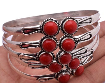 Lot de gros de bracelets en pierres précieuses de corail Bijoux plaqués en argent sterling 925 Bijoux faits à la main, vente en gros de lots de beaux bracelets