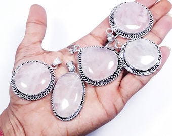 Rose Quartz Gemstone Pendant 5 Pcs Wholesale Lot 925 Sterling Silver Plated Jewelry Pendants And Ring Mans & Women Handmade Jewelry