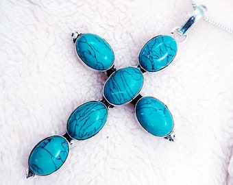 Turquoise Gemstone Cross Chain Pendant 925 Sterling Silver Plated Jewelry Pendant Xmas Christmas Gift Beautiful Men's And Women's Pendant
