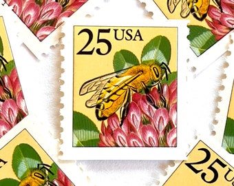 10 Vintage Unused Honeybee Mail Stamps / Bee Flower USPS Postage / 25 cents US