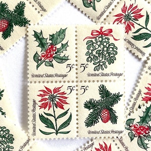 20 Vintage Unused Christmas Issue Stamps / Christmas Holiday Se-Tenant USPS Postage / 5 cents US  /  Mistletoe Holly Poinsettia Evergreen
