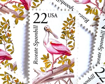 10 Vintage Unused Roseate Spoonbill Mail Stamps / North American Wildlife USPS Postage / 22 cents US