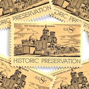 10 Vintage Unused San Xavier Del Bac Mission Historic Preservation Mail Stamps / Tucson Arizona USPS Postage / 8 cents US