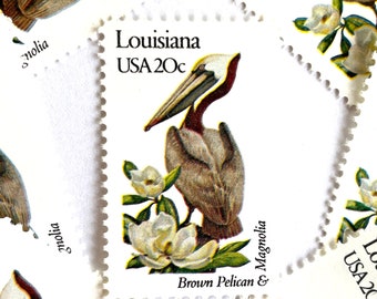 10 Vintage Unused Louisiana State Bird and Flower Mail Stamps / Brown Pelican & Magnolia USPS Postage / 20 cents US