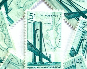 20 Vintage Unused Verrazano Narrows Bridge Mail Stamps / Brooklyn New York City NYC USPS Postage / 5 cents US