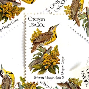 10 Vintage Unused Oregon State Bird and Flower Mail Stamps / Western Meadowlark & Oregon Grape USPS Postage / 20 cents US