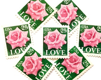 20 Vintage Unused Pink Rose Mail Stamps / Love Series Pink and Green Botanical Rose Flower USPS Postage / 25 cents US