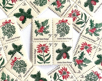 20 Vintage Unused Christmas Issue Stamps / Christmas Holiday Se-Tenant USPS Postage / 5 cents US  /  Mistletoe Holly Poinsettia Evergreen