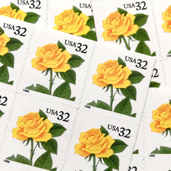 20 Vintage Unused Yellow Rose Mail Stamps / Love Botanical Roses Flower USPS Postage / 32 cents US