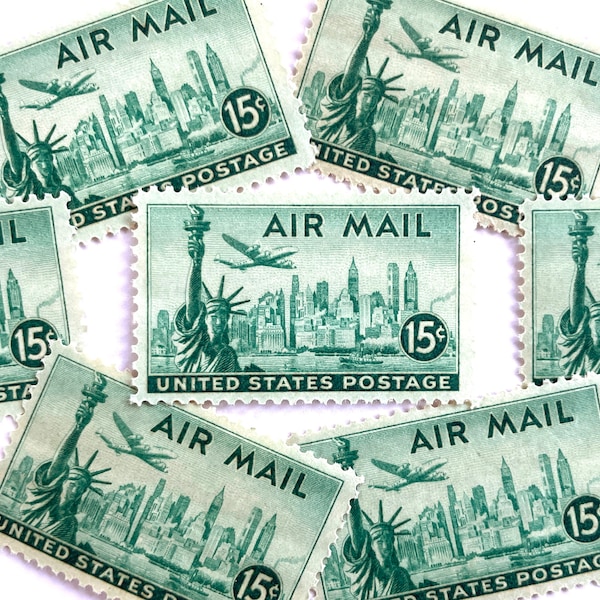 10 Vintage Unused New York Skyline Stamps / Air Mail NYC Statue of Liberty USPS Postage / 15 cents US