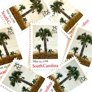 20 Vintage Unused South Carolina Bicentenary Statehood Mail Stamps / Palm Tree Palmetto Beach USPS Postage / 25 cents US