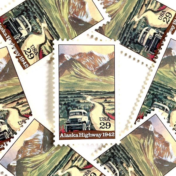 20 Vintage Unused Alaska Highway 1942 Mail Stamps / Mountain Road Car USPS Postage / 29 cents US