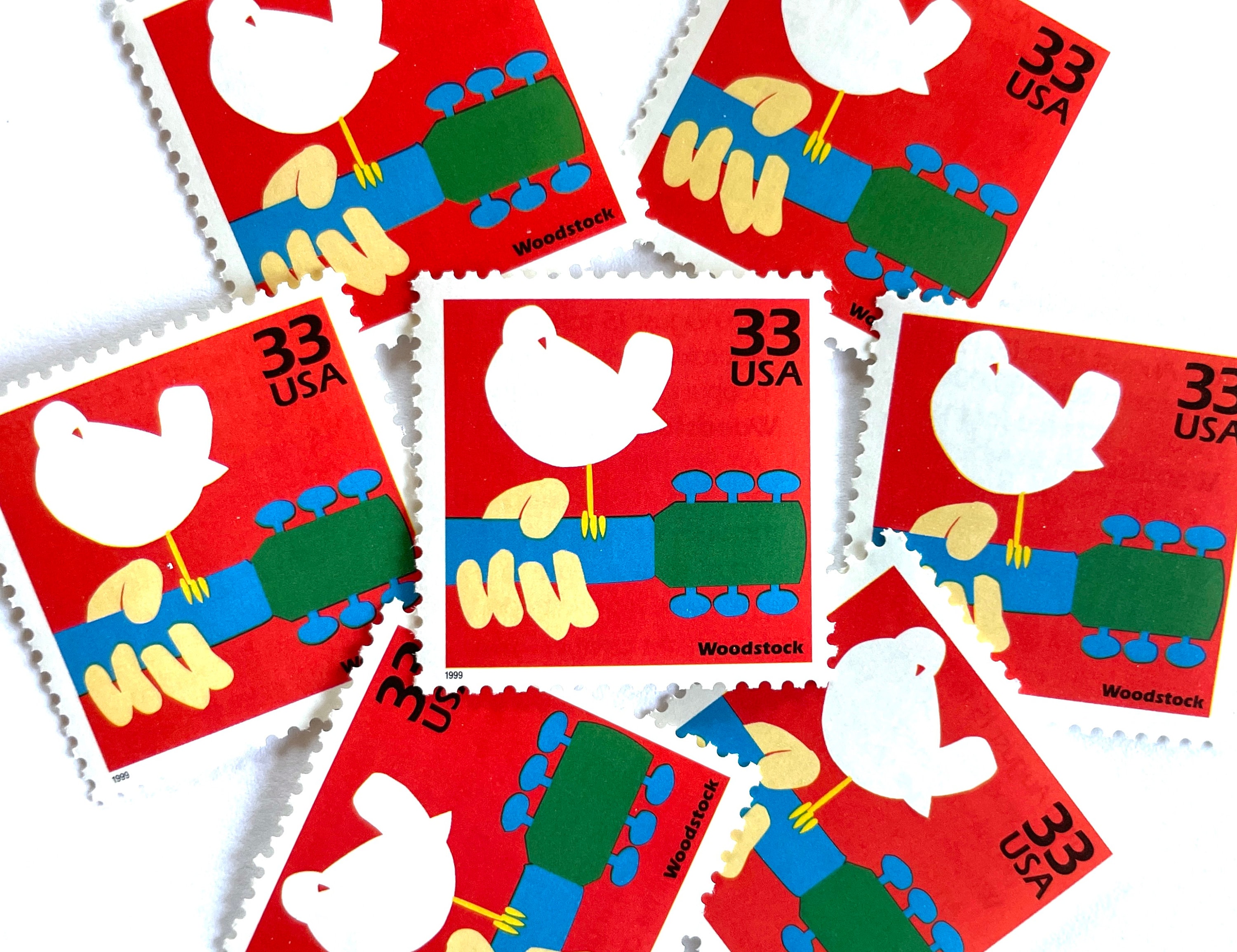 10 Vintage Unused Woodstock Stamps / Celebrate the Century 1960 Music Festival USPS Postage / 33 cents US