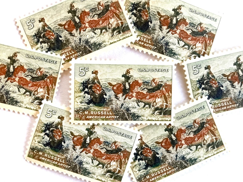 Udps Rasel 20 Vintage Unused C.M. Russell Jerked Down Stamps / Western Cowboy USPS ...