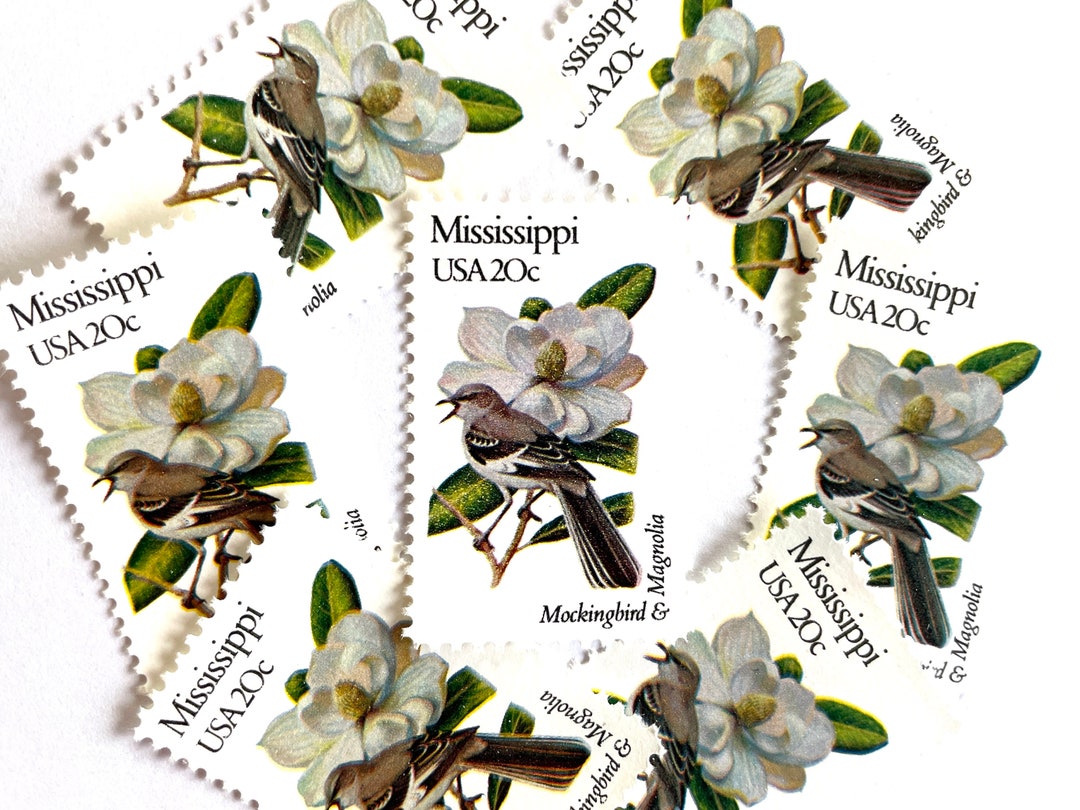 10 Vintage Unused Mississippi State Bird and Flower Mail Stamps