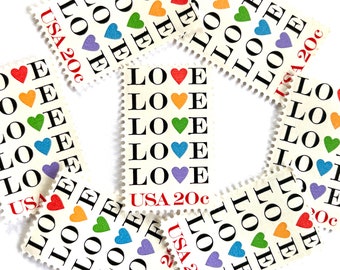 20 Vintage Unused Love with Hearts Mail Stamps / Love Series Rainbow Hearts USPS Postage / 20 cents US