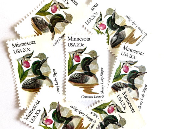 10 Vintage Unused Minnesota State Bird and Flower Mail Stamps / Common Loon & Showy Lady Slipper USPS Postage / 20 cents US