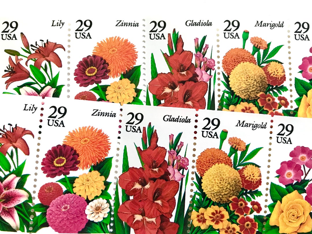 10 Vintage Unused Summer Garden Flowers Mail Stamps / Botanical Flower