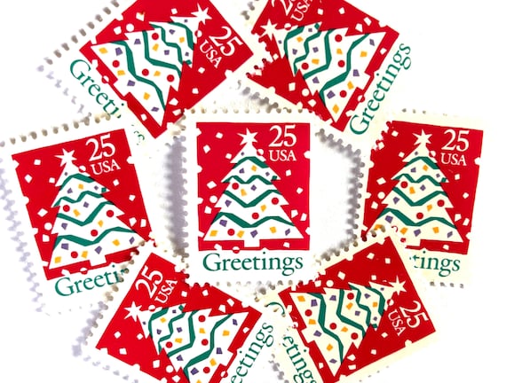 10 Vintage Unused Christmas Tree Stamps / Christmas Tree Holiday USPS  Postage / 25 Cents US 