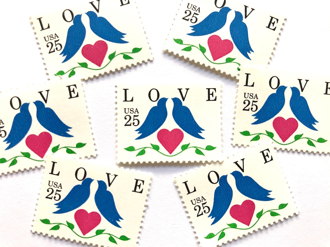 10 Vintage Unused Blue Love Birds Mail Stamps / Love Series Two Birds