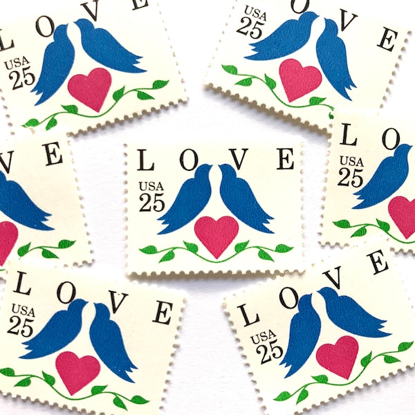 10 Vintage Unused Blue Love Birds Mail Stamps / Love Series Two Birds and Heart USPS Postage / 25 cents US