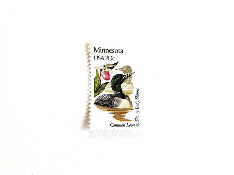 May include: A vintage Minnesota postage stamp featuring a common loon and a showy lady slipper flower. The stamp is green, brown, and pink with the text "Minnesota USA 20c".