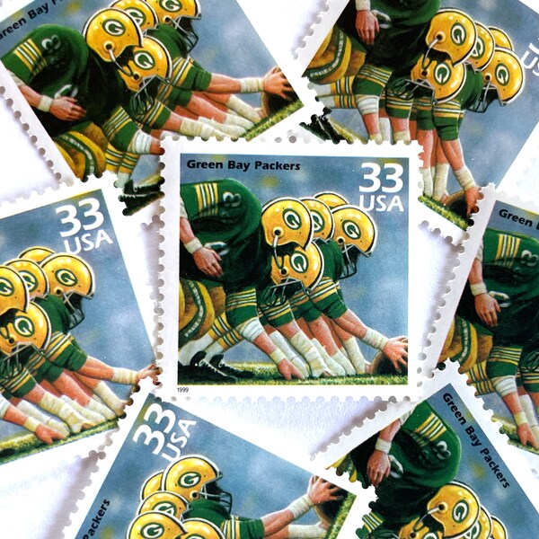 10 sellos antiguos sin usar de los Green Bay Packers / Celebra el siglo Fútbol de 1960 Franqueo de USPS / 33 centavos de dólar estadounidense