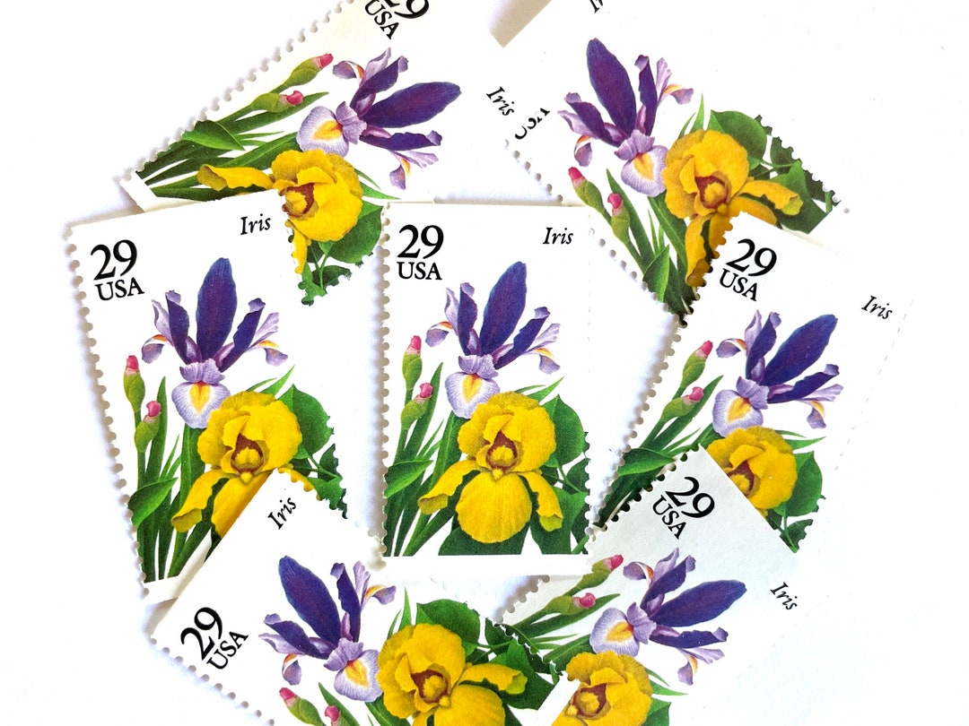 10 Vintage Unused Iris Flower Mail Stamps / Purple Yellow Garden