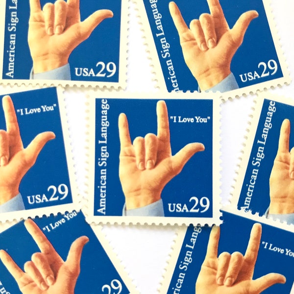 10 Vintage Unused Sign Language "I Love You" Mail Stamps / American Sign Language ASL USPS Postage / 29 cents US