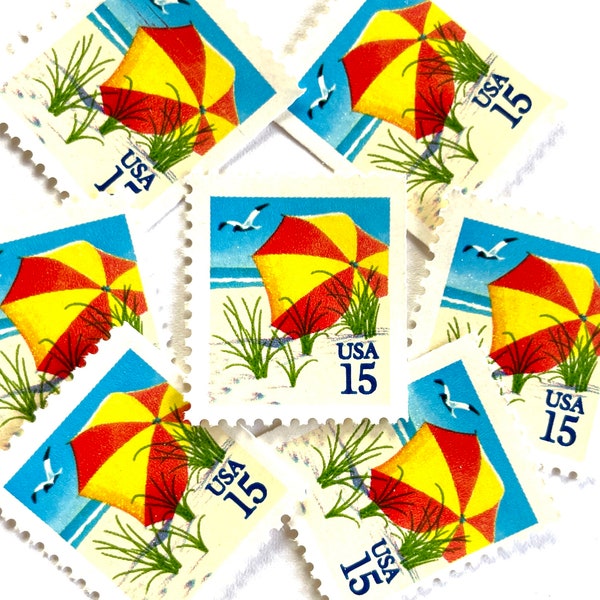 10 Vintage Unused Beach Umbrella Mail Stamps / Nautical Vacation Mini-Scape USPS Postage / 15 cents US