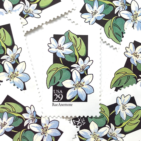 10 Vintage Unused Wildflower Rue Anemone Mail Stamps / Botanical White Flower USPS Postage / 29 cents US