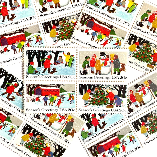 20 Vintage Unused Contemporary Christmas Stamps / Seasons Greetings Holiday Se-Tenant USPS Postage / 20 cents US  /  Snowman Ice Skating