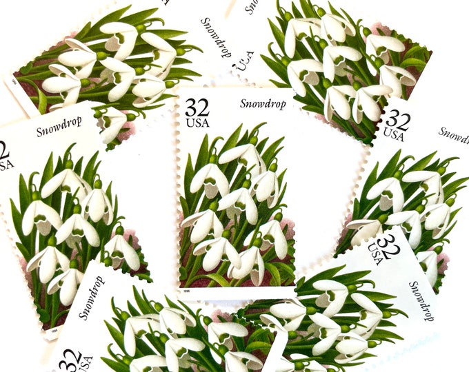 10 Vintage Unused Snowdrop Flower Mail Stamps / White Winter Garden