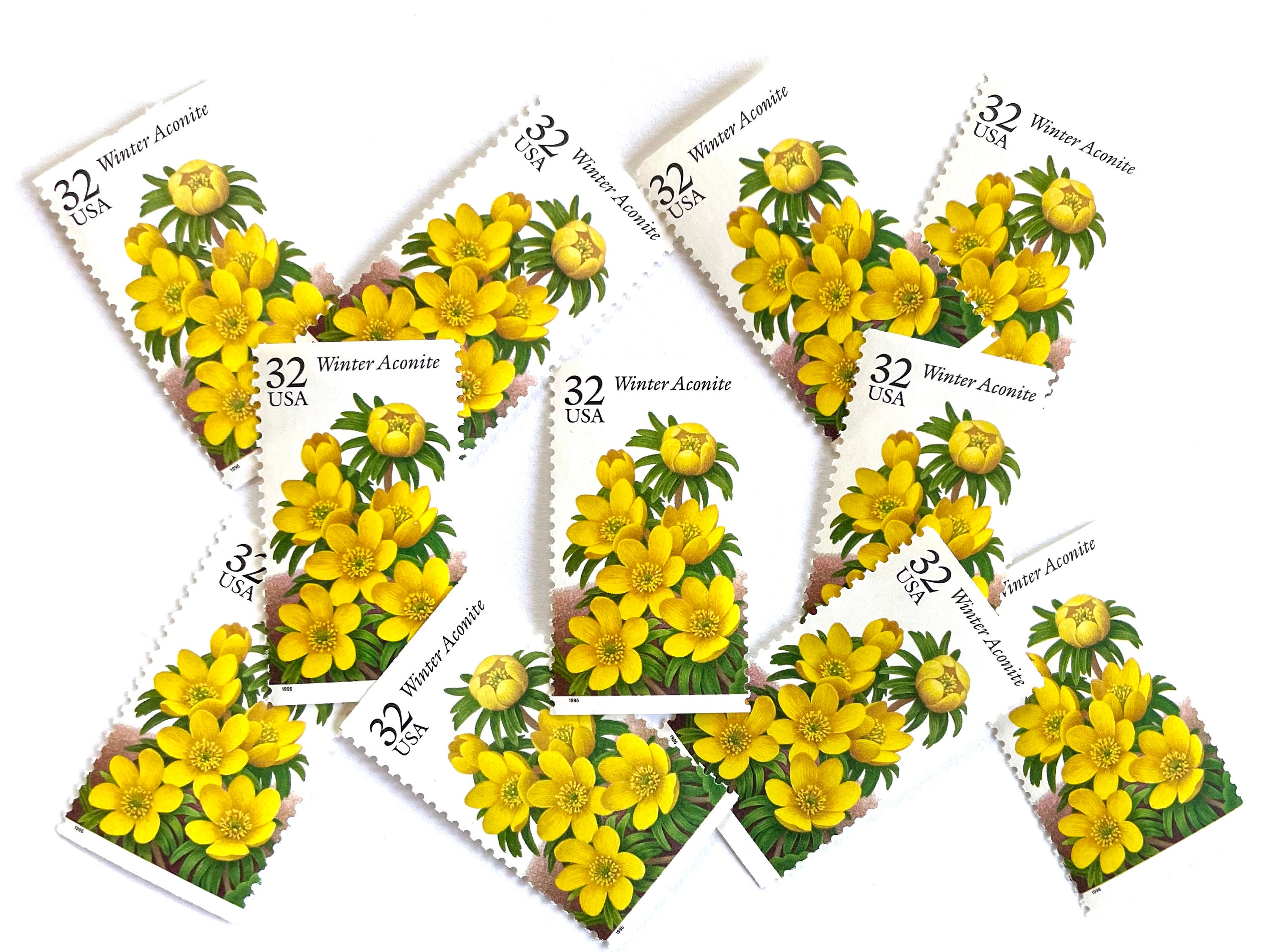 10 Vintage Yellow Flower Stamps // Unused Winter Aconite Floral Postage //  32 Cent Botanical Stamps for Mailing