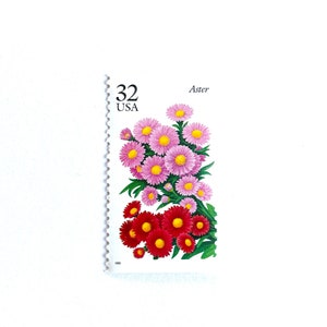 May include: A US postage stamp featuring a cluster of pink and red aster flowers with green leaves. The stamp is labeled "32 USA" and "Aster".