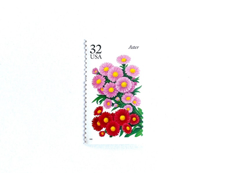 May include: A US postage stamp featuring a cluster of pink and red aster flowers with green leaves. The stamp is labeled "32 USA" and "Aster".