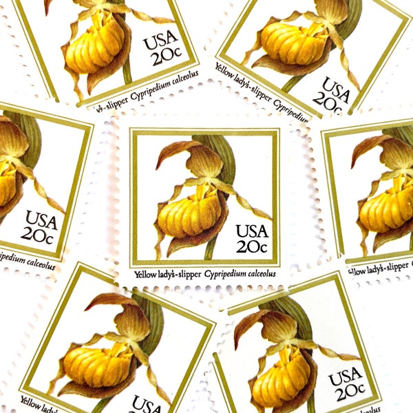 10 Vintage Unused Yellow Lady's-Slipper Flower Mail Stamps / Yellow Orchid Botanical USPS Postage / 20 cents US