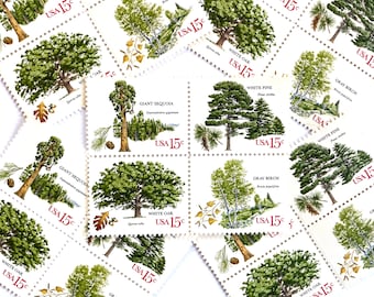 20 Vintage Unused American Trees Mail Stamps / Oak, Birch, Pine, Sequoia Tree USPS Postage / 15 cents US