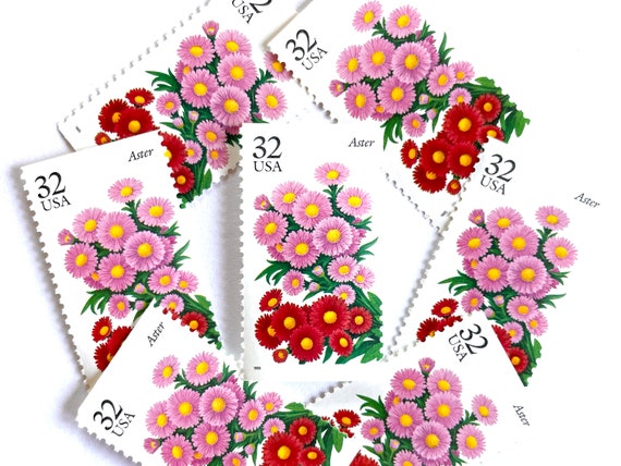 10 Vintage Unused Aster Flower Mail Stamps / Pink Red Fall Garden Flowers Botanical USPS Postage / 32 cents US