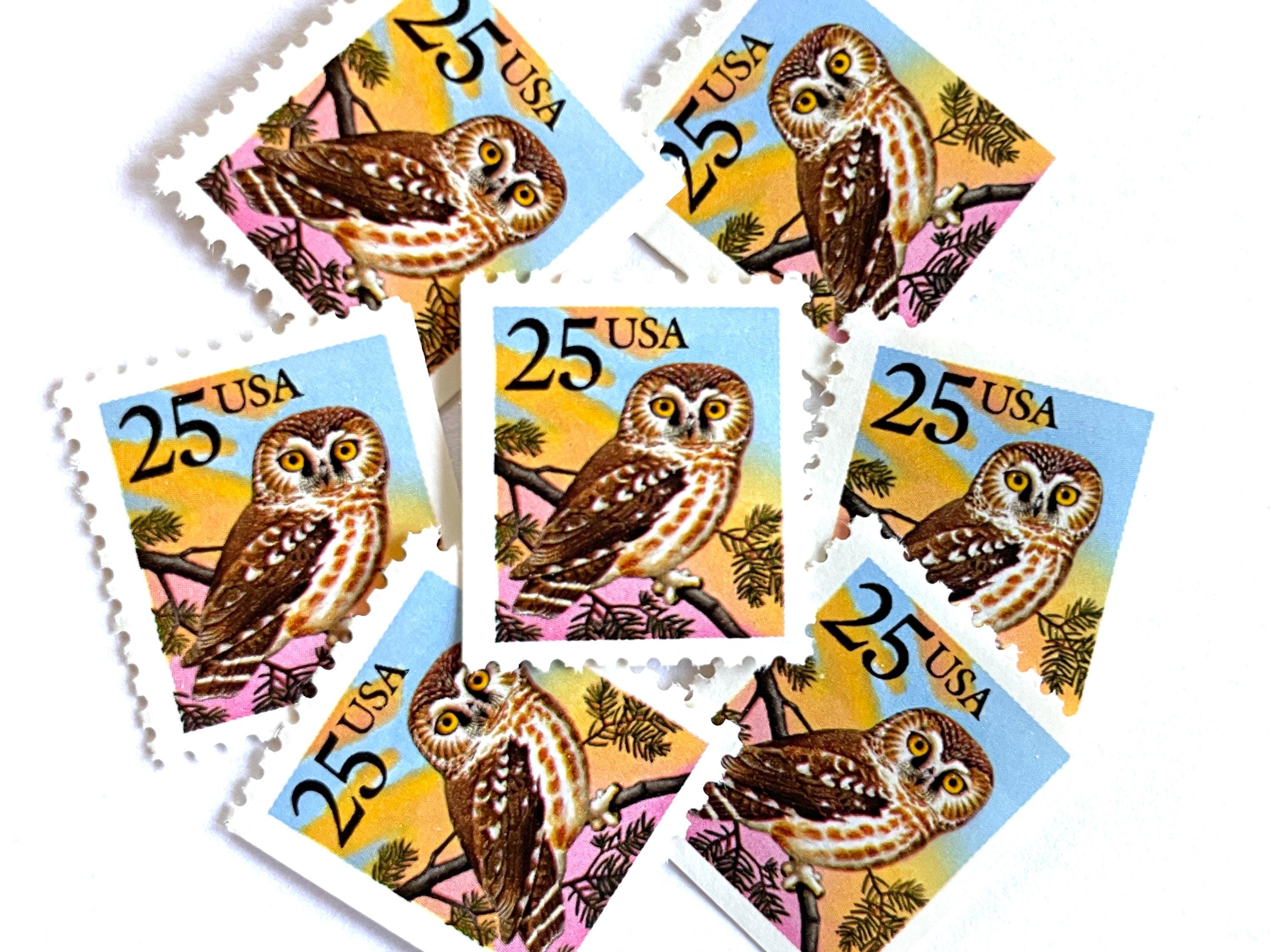 10 Vintage Unused Saw-Whet Owl Mail Stamps / Bird USPS Postage / 25 cents US