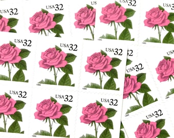 20 Vintage Unused Pink Rose Mail Stamps / Love Botanical Roses Flower USPS Postage / 32 cents US