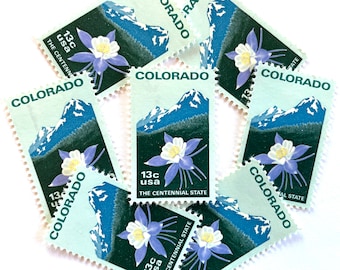 20 Vintage Unused Colorado Statehood Mail Stamps / Mountains Blue Columbine USPS Postage / 13 cents US