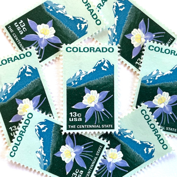 20 Vintage Unused Colorado Statehood Mail Stamps / Mountains Blue Columbine USPS Postage / 13 cents US