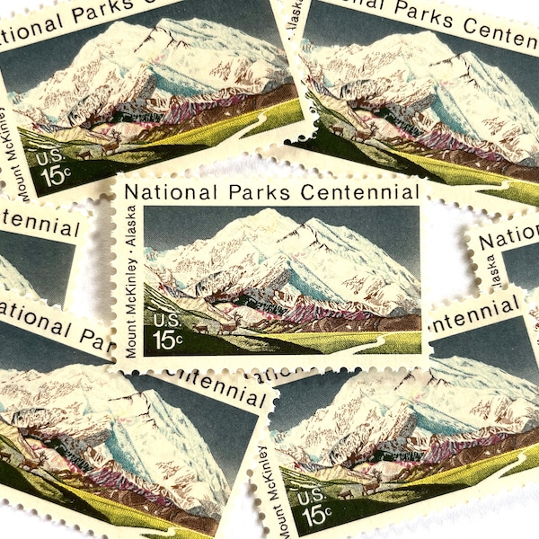 20 Vintage Unused Mount McKinley Denali Alaska Mail Stamps / National Parks Centennial Mountain Nature USPS Postage / 15 cents US