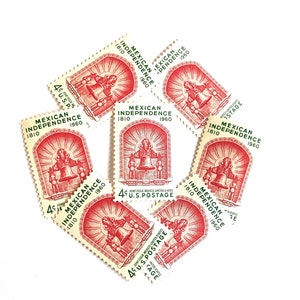 May include: A collection of eight vintage postage stamps commemorating the 150th anniversary of Mexican Independence. The stamps feature a red and green design with the text "Mexican Independence 1810-1960" and a depiction of a bell.